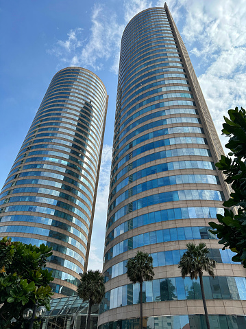 Stock photo showing close-up, low angle view of Twin Towers of World Trade Center Colombo (WTC) in downtown Colombo, Sri Lanka.