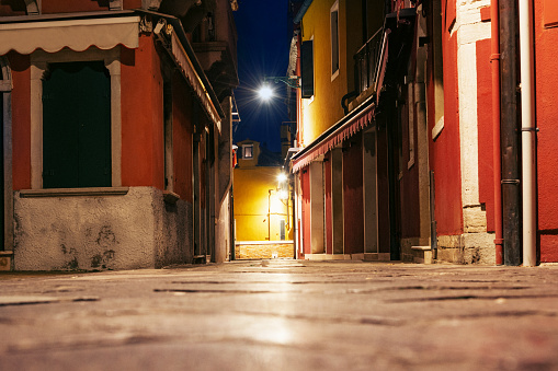 Colorful italian town Burano near Venice, Italy at night