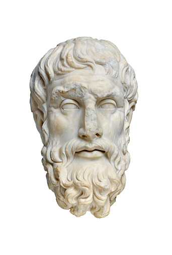 Antique classic greek philosopher head, marble face of Epikouros, isolated front view