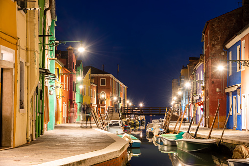 Colorful italian town Burano near Venice, Italy at night
