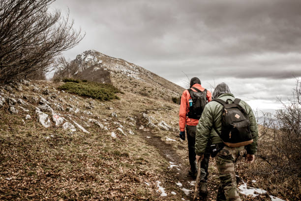 istock Two tourists hiking on a mountain trail 1459328718