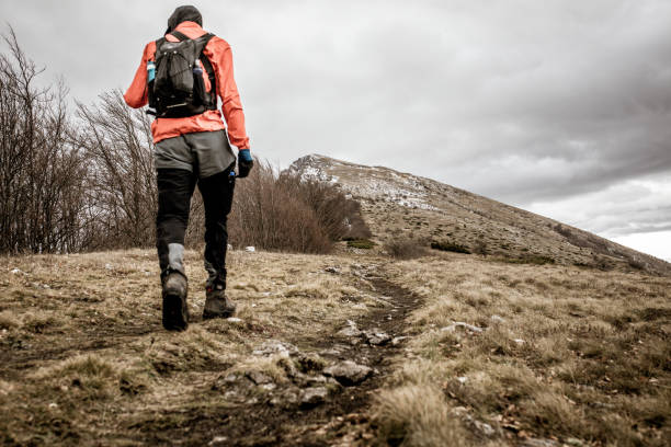 istock Tourist hiking on a mountain trail 1459328757