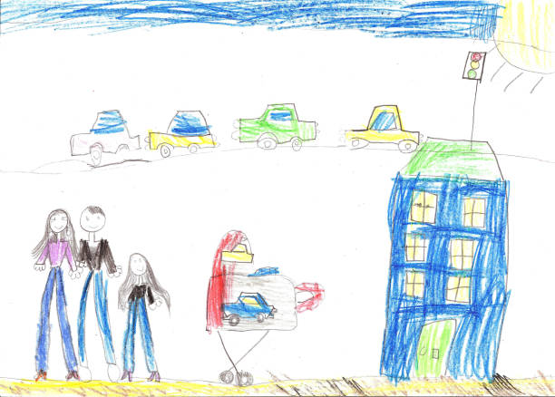 istock Child's drawing happy family, building, car 1459331128