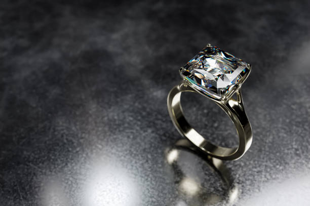Silver ring with large gemstone in a bright studio setting with space for copy