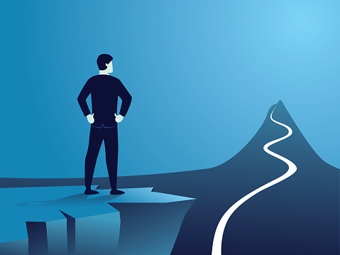 Rear view confident businessman standing by the edge of cliff, looking far away to long journey road in front of him to achieve his goal, vector illustration concept