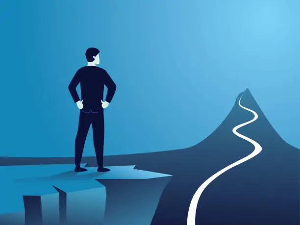 Vector illustration of Rear view confident businessman standing by the edge of cliff, looking far away to long journey road in front of him to achieve his goal, vector illustration