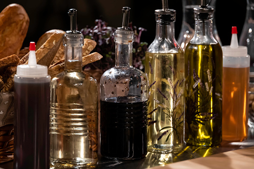 Close up shot of various healthy oils
