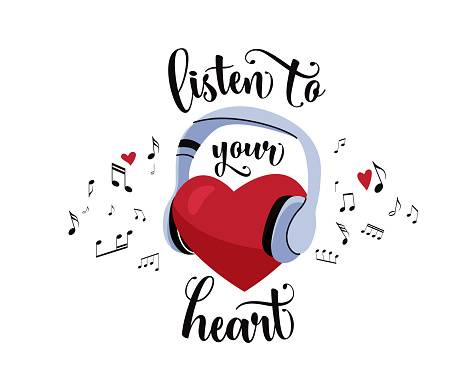 Listen to your heart motivational quote vector illustration. Big red heart in headphone, music notes at the air background in flat cartoon style. Love banner design.