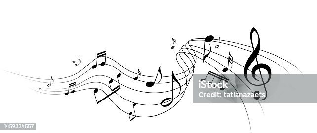 istock Music notes with curves, swirls vector illustration. Melody element design background with sound key 1459334557