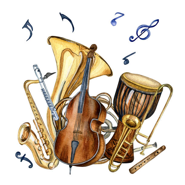 kompozycja instrumentów dętych i symboli akwarelowych ilustracja wyodrębniona. - brass instrument obrazy stock illustrations
