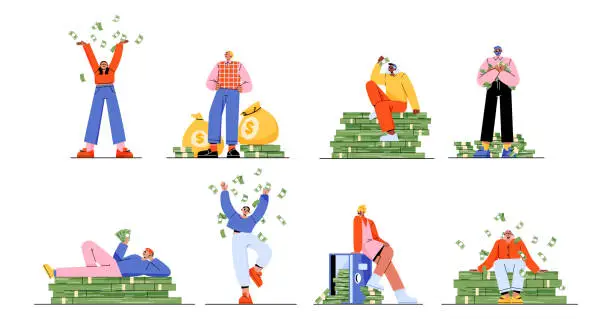 Vector illustration of Rich people with money, happy men and women set
