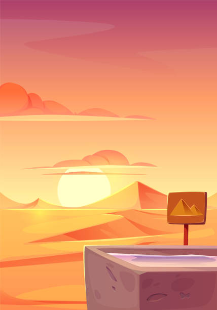 illustrazioni stock, clip art, cartoni animati e icone di tendenza di paesaggio desertico con dune di sabbia dorata, bevitore - egypt cairo pyramid sunset