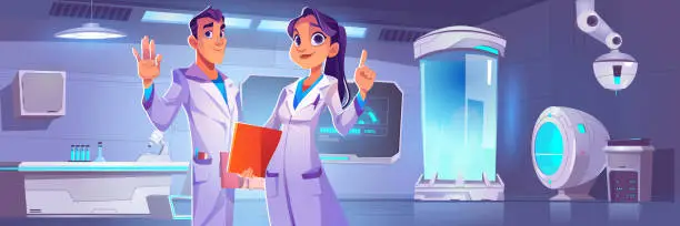Vector illustration of Scientists or doctors in futuristic laboratory