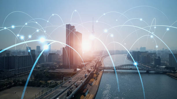 Modern city and wireless communication network concept. Internet of Things. 5G. Telecommunication.