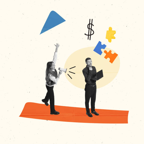 istock Contemporary art collage. Conceptual design. Project manager shouting at thoughtful employee working on laptop. Creating ideas 1459338273