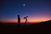 Man with astronomy telescope looking at the night sky, stars, planets, Moon and shooting stars.