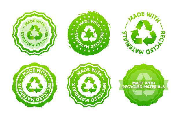 100 prozent recycelte materialien. recycelbare kompostierbare biologisch abbaubare materialien. symbol "wiederverwenden" "reduzieren" wiederverwenden. verpackungsetikett für öko-paket. vektordarstellung. - nachhaltig bauen stock-grafiken, -clipart, -cartoons und -symbole