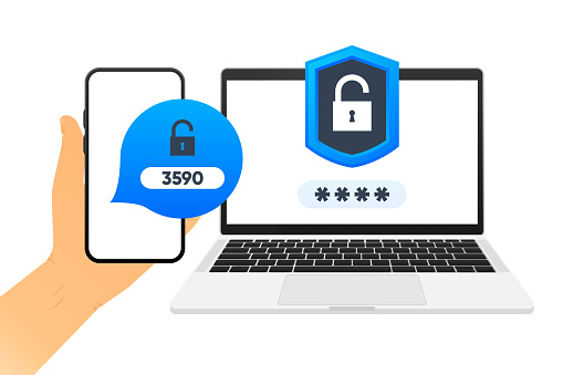 Two Steps Authentication. Verification code message on smartphone. Safety login concept. Two factor verification via laptop and phone. Vector illustration
