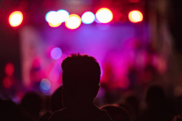 istock Silhouettes of concert crowd with stage lights 1459339878