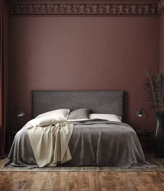 istock Home interior mock-up with double bed in dark modern bedroom 1459340475
