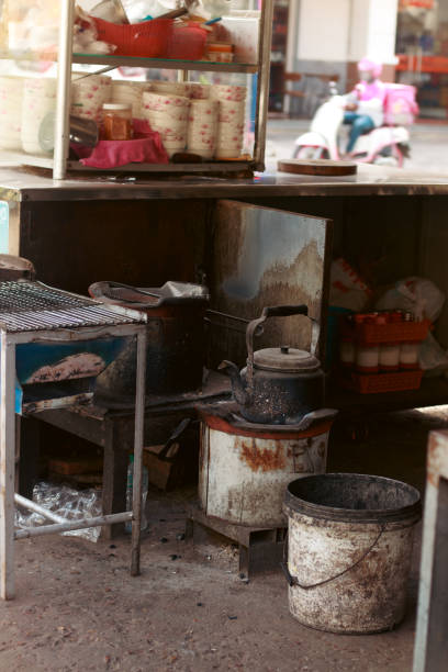 istock Old and rustic kettle at a street food stall 1459341338