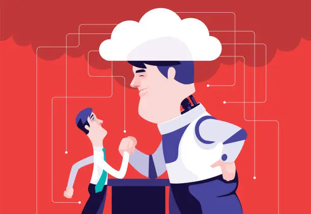 Vector illustration of businessman and robot man competing in arm wrestling