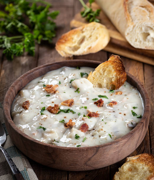 istock New England clam chowder with bacon, parsley and toasted bread 1459341978