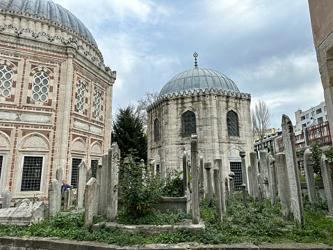 Ancient Muslim monument in the imperial cemetery of Istanbul, Sehzade Mosque nearby. The Sehzade tombs in the Sehzade Mosque. Istanbul is popular tourist destination in the Turkey.