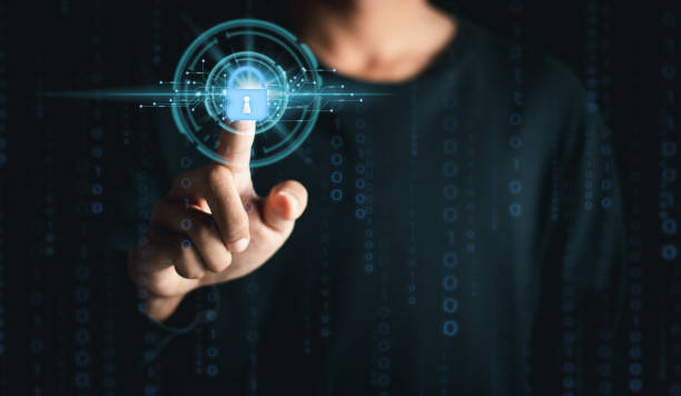 istock Businessman touching business unlock key icon symbol. Network security system concept. 1459343094