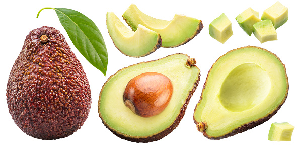 Hass avocado fruits, avocdo slices and leaf on white background. File contains clipping path.