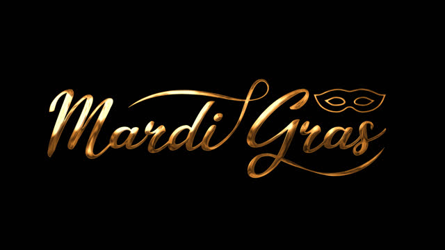 Mardi Gras handwritten animated text in gold color with mask in the background