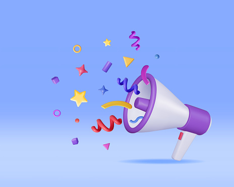 3D Megaphone with Colorful Confetti. Render Megaphone Realistic. Modern Bullhorn or Loudspeaker. Grand Opening or Sale Concept. Announcement Message, Birthday or Holiday Attention. Vector Illustration