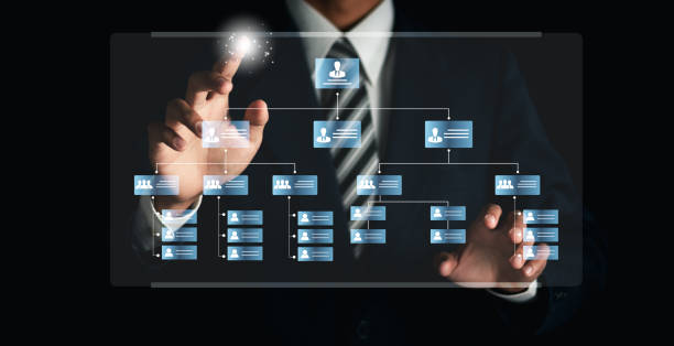 Businessman touching organization chart on virtual interface screen. Business process and workflow automation with flowchart. Hierarchical structure of teams and employees in the company. Businessman touching organization chart on virtual interface screen. Business process and workflow automation with flowchart. Hierarchical structure of teams and employees in the company. corporate hierarchy stock pictures, royalty-free photos & images