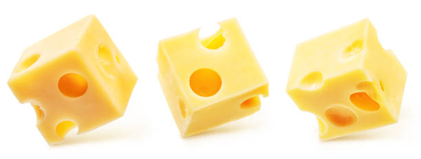 istock Three cubes of Emmental cheese isolated on white background. Clipping path. 1459346834