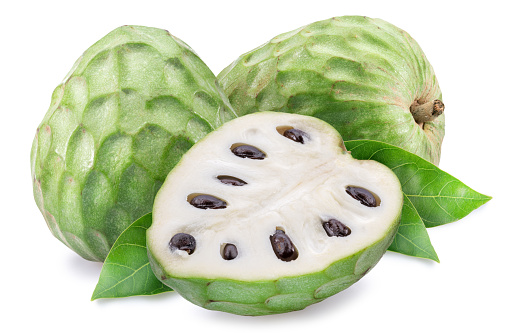 Custard apples or cherimoya fruits and slice of fruit isolated on white background.