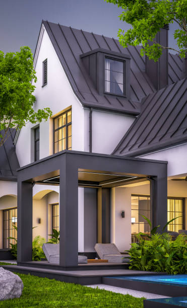 3d rendering of white and black modern Tudor house in evening stock photo