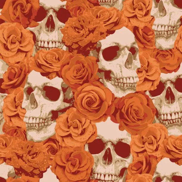 Vector illustration of Seamless pattern with human skulls and roses