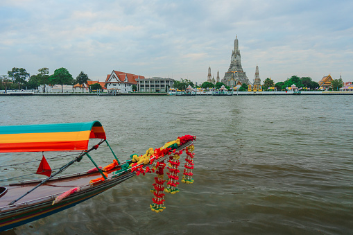 Scenic view of Wat Arun temple in Bangkok from the riverside