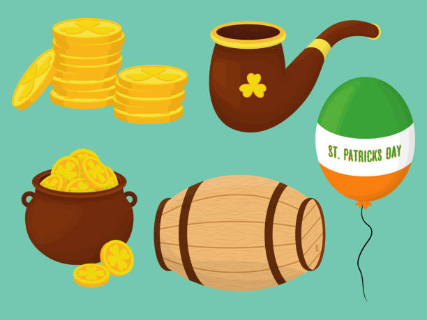 ilustrações, clipart, desenhos animados e ícones de um conjunto para o dia de são patrício inclui moedas de ouro, barril, balão, cachimbo e pote com moedas - saint patricks banner green beer patrick leprechaun hat