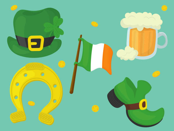 ilustrações, clipart, desenhos animados e ícones de um conjunto para o dia de são patrício inclui chapéu, cerveja, bota, bandeira e ferradura - saint patricks banner green beer patrick leprechaun hat