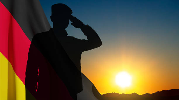illustrazioni stock, clip art, cartoni animati e icone di tendenza di siluetta del soldato di saluto con la bandiera della germania - armed forces saluting marines military