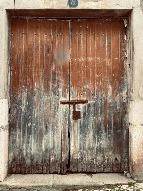 istock Old wooden door with rusty lock 1459350289