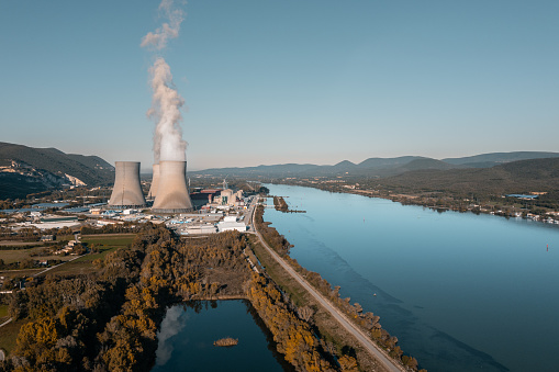 Aerial still of Limerick Generating Station, a nuclear power plant in Royersford, Montgomery County, Pennsylvania, on an overcast day in Fall.