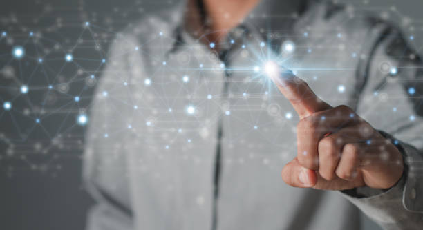 istock Businessman touching global network and wireless connection on virtual interface. Concept of information exchange. 1459351910