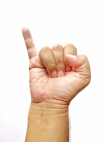A hand showing a pinky finger or a pinky promise sign, over white background