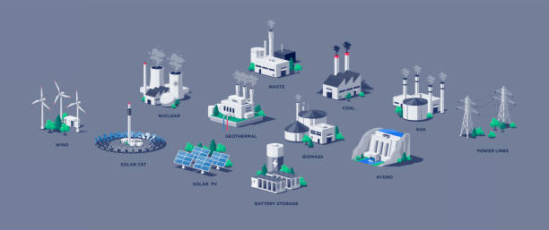 ilustrações, clipart, desenhos animados e ícones de geração de estações de energia elétrica com linhas de energia de armazenamento de bateria - nuclear power station