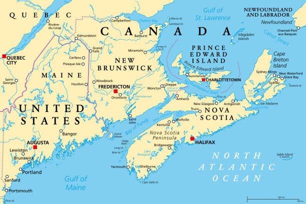 The Maritimes, the Maritime provinces of Eastern Canada, political map The Maritimes, also called Maritime provinces, a region of Eastern Canada, political map, with capitals, borders and largest cities. The provinces New Brunswick, Nova Scotia, and Prince Edward Island. maritime provinces stock illustrations