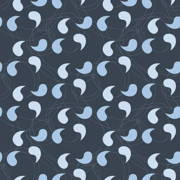 Vector illustration of Trendy minimalist seamless pattern with abstract creative composition, blue shades of drops, paisley on a dark background.