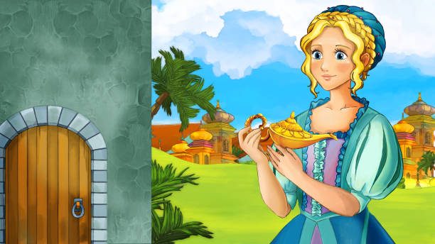 아름 다운 어린 소녀와 숲 근처 아름 다운 성이 있는 만화 자연 장면 - 아이들을 위한 그림 - castle fairy tale palace forest stock illustrations