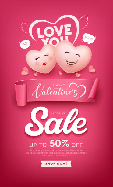 Bonne Saint-Valentin, Ballon coeur homme et femme s’aiment, message d’amour, rouleau de papier rose de vente design - Illustration vectorielle